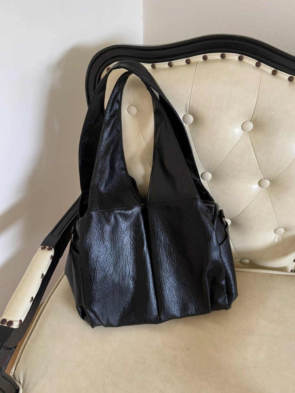 Black Slouchy Oil Wax PU Leather Large Hobo Crossbody Tote Bag
